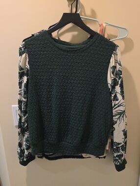 Forest Green Quilted Crewneck Sweater with Floral Sleeves